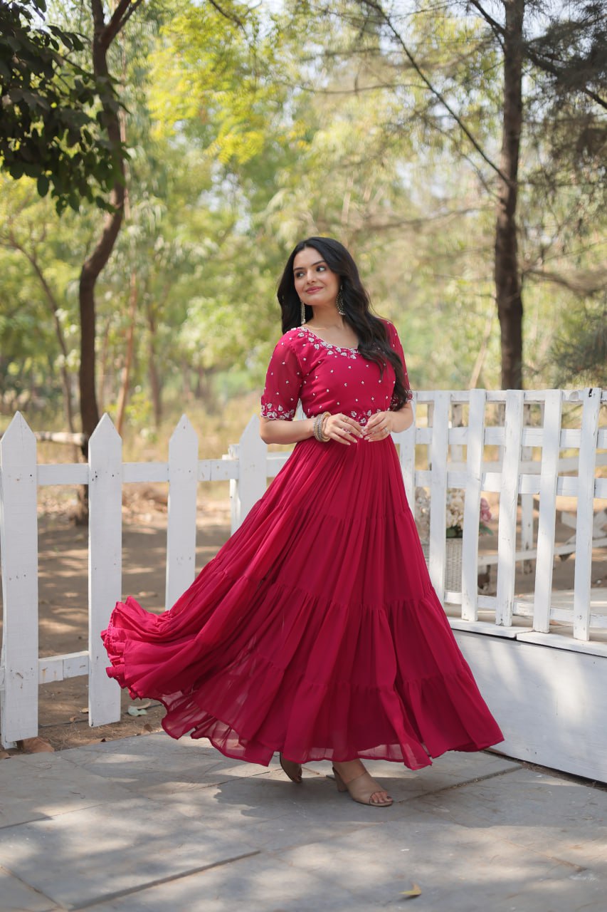 Stylish Faux Georgette Beads Embroidered Designer Gown - INDIAN ELEGANCE