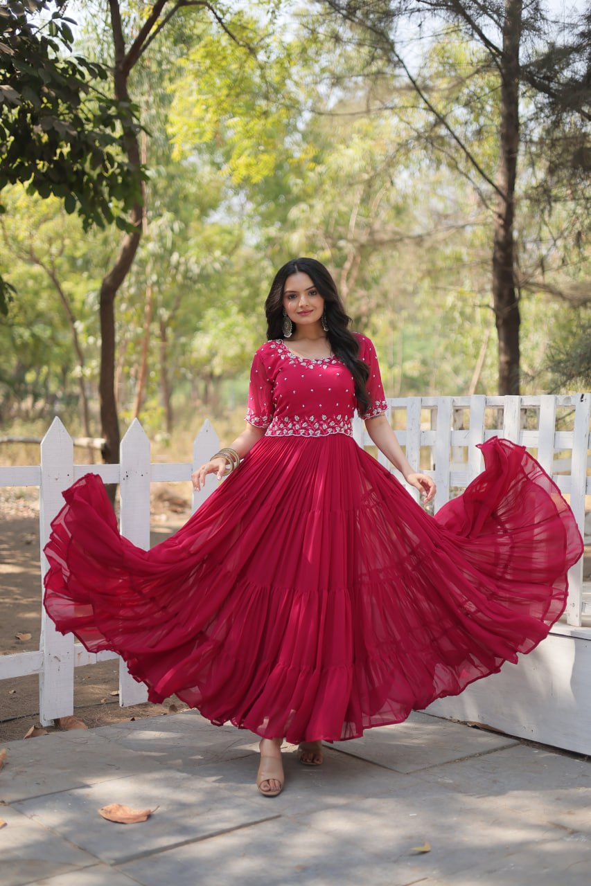 Stylish Faux Georgette Beads Embroidered Designer Gown - INDIAN ELEGANCE