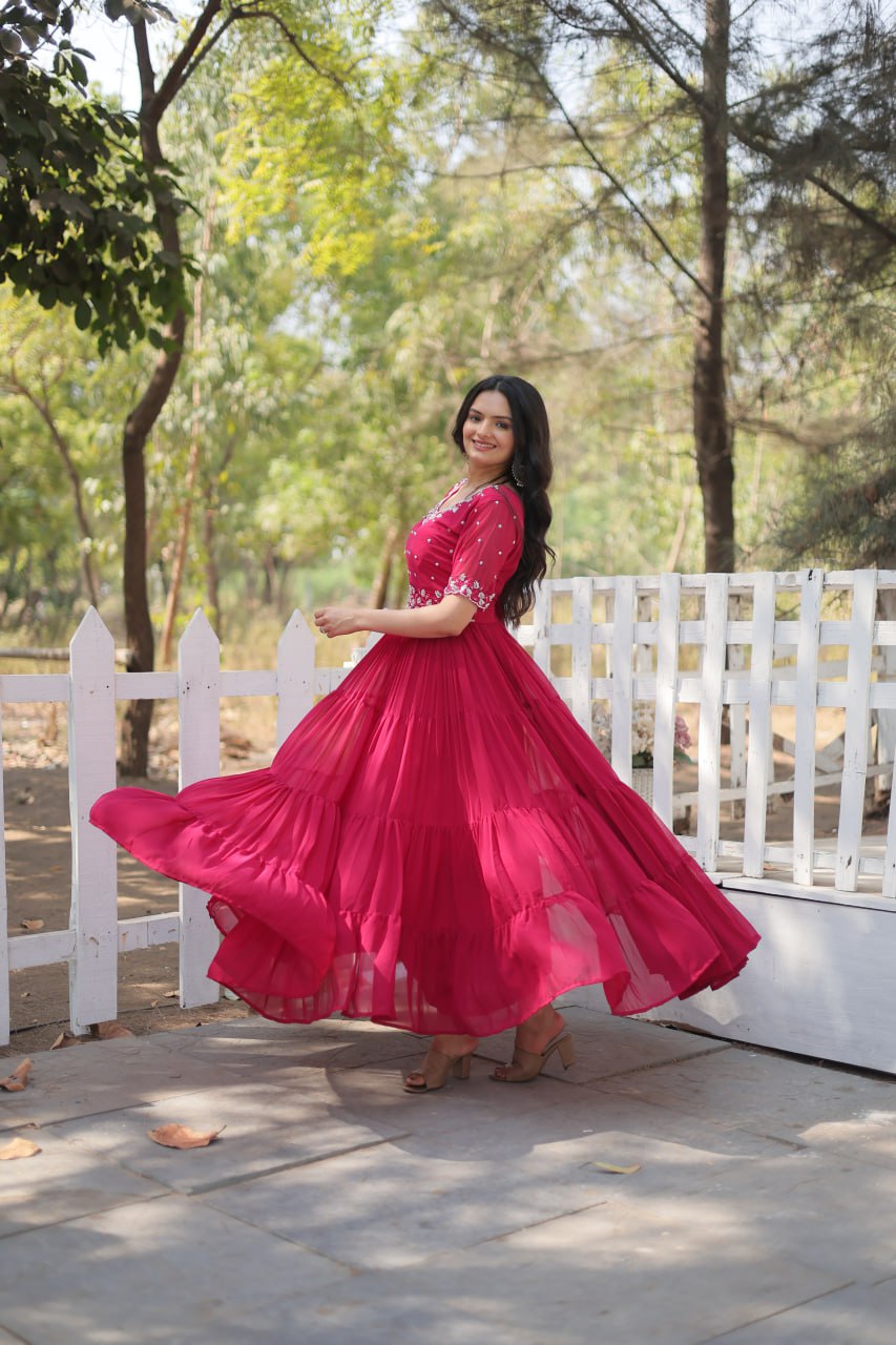 Stylish Faux Georgette Beads Embroidered Designer Gown - INDIAN ELEGANCE