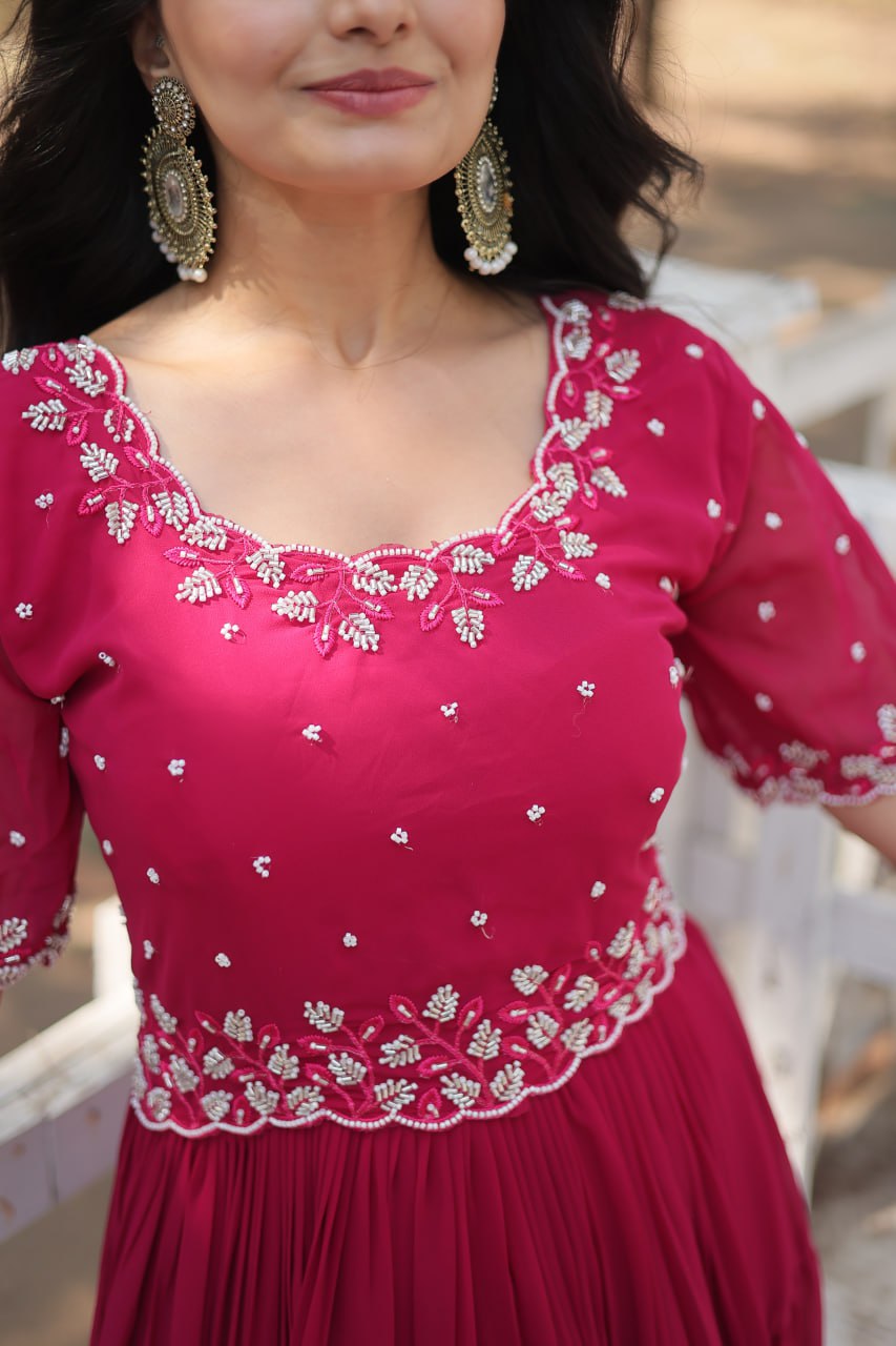 Stylish Faux Georgette Beads Embroidered Designer Gown - INDIAN ELEGANCE