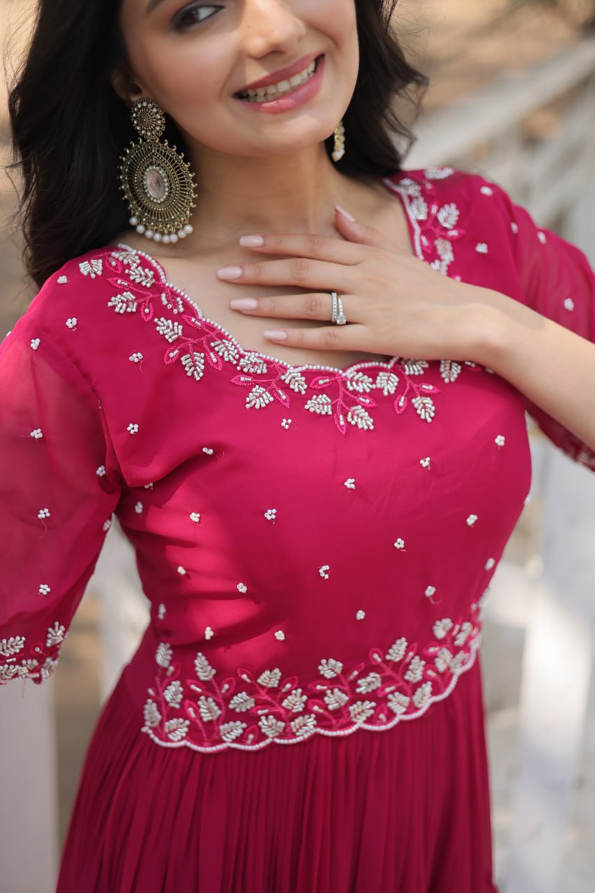Stylish Faux Georgette Beads Embroidered Designer Gown - INDIAN ELEGANCE