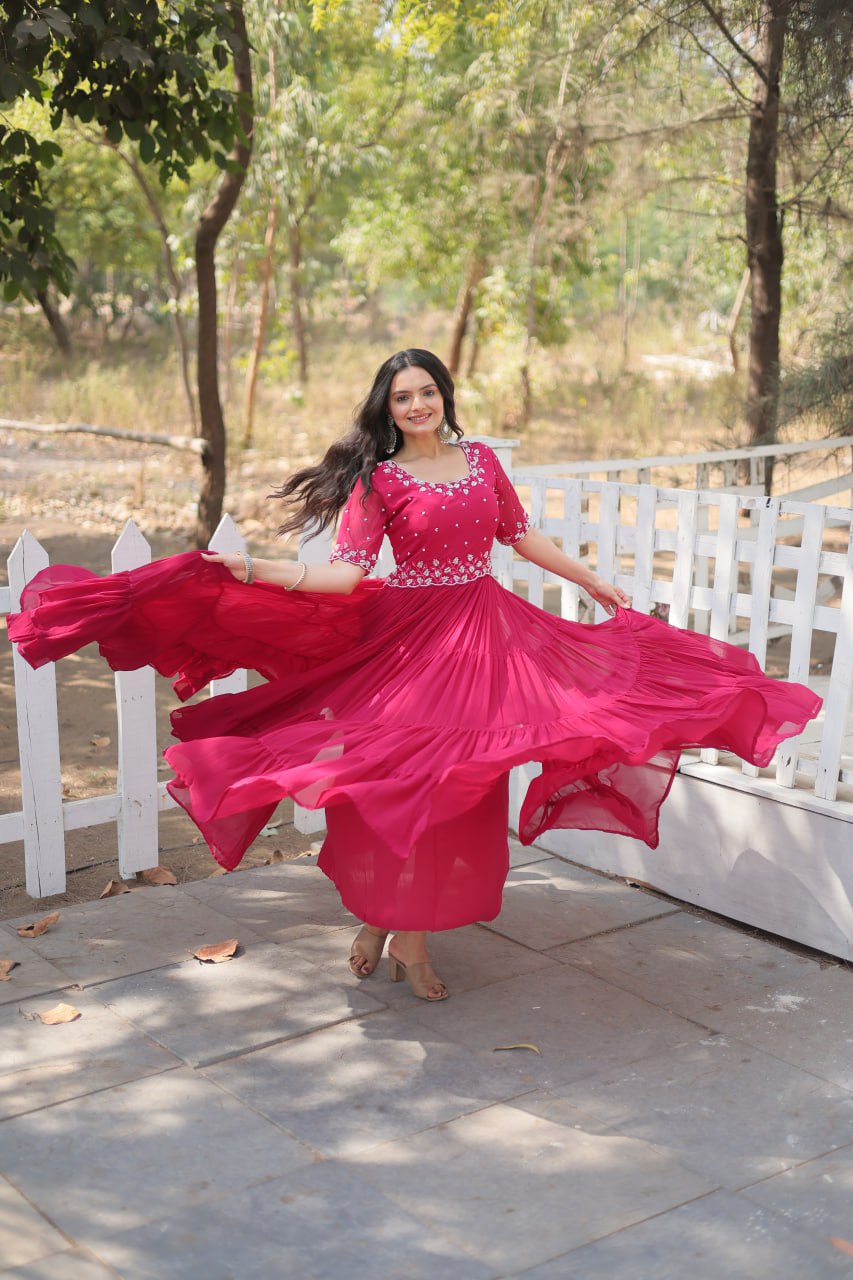 Stylish Faux Georgette Beads Embroidered Designer Gown - INDIAN ELEGANCE