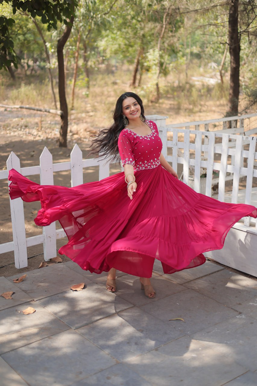 Stylish Faux Georgette Beads Embroidered Designer Gown - INDIAN ELEGANCE