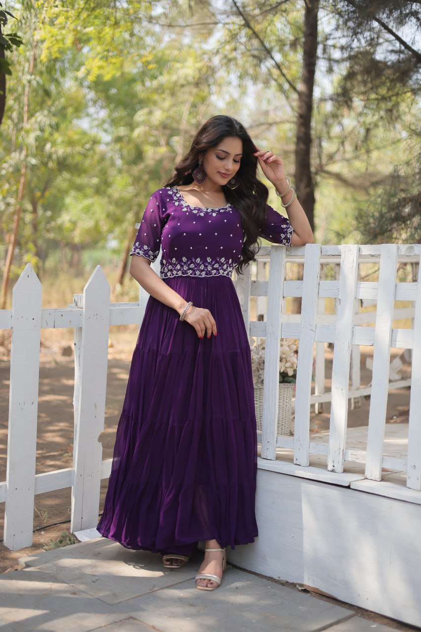 Stylish Faux Georgette Beads Embroidered Designer Gown - INDIAN ELEGANCE