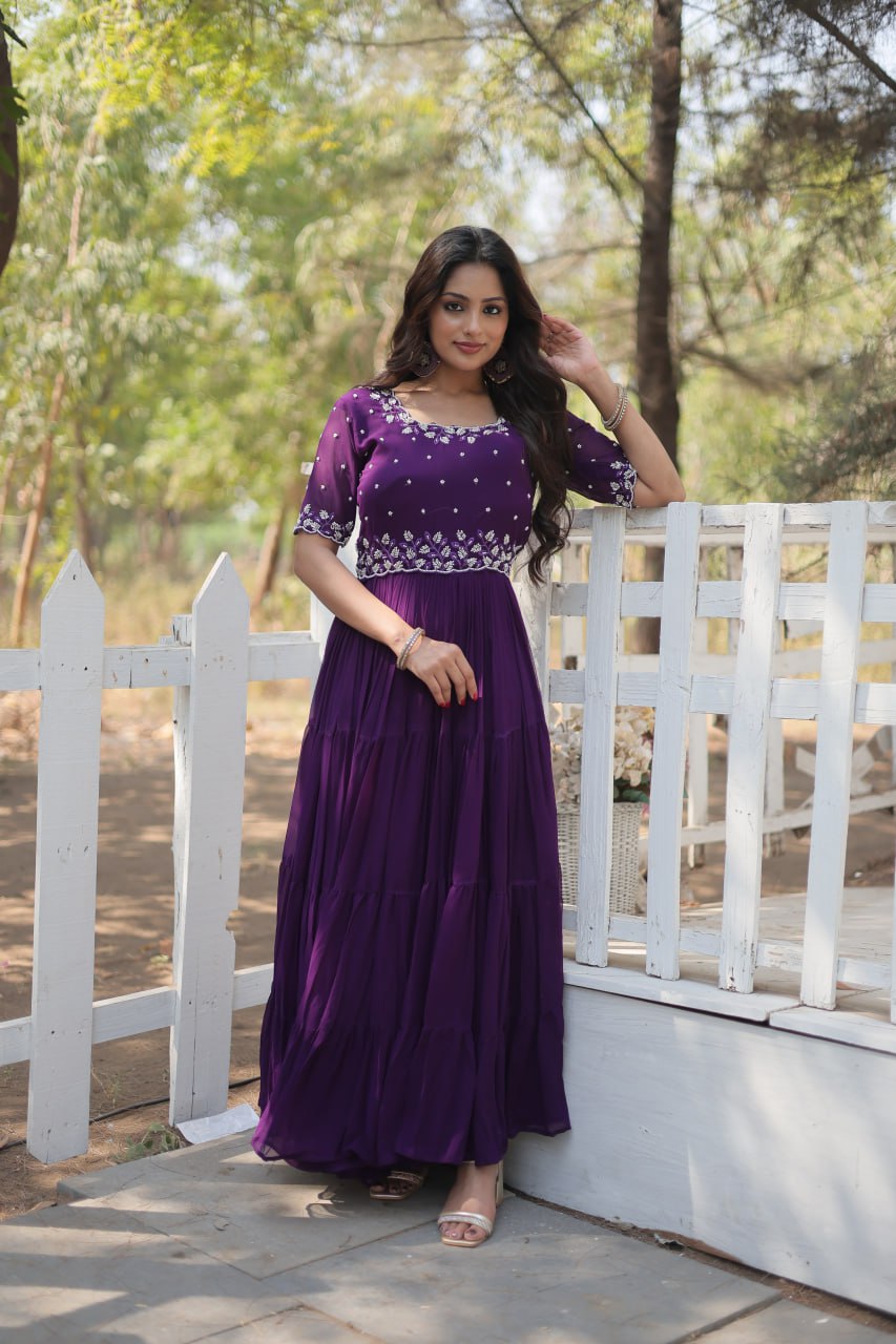 Stylish Faux Georgette Beads Embroidered Designer Gown - INDIAN ELEGANCE