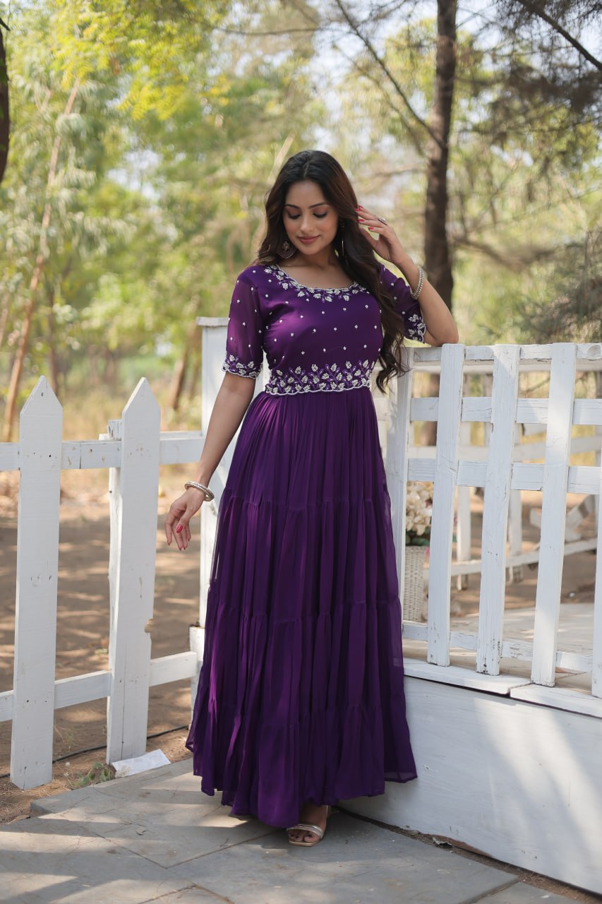 Stylish Faux Georgette Beads Embroidered Designer Gown - INDIAN ELEGANCE