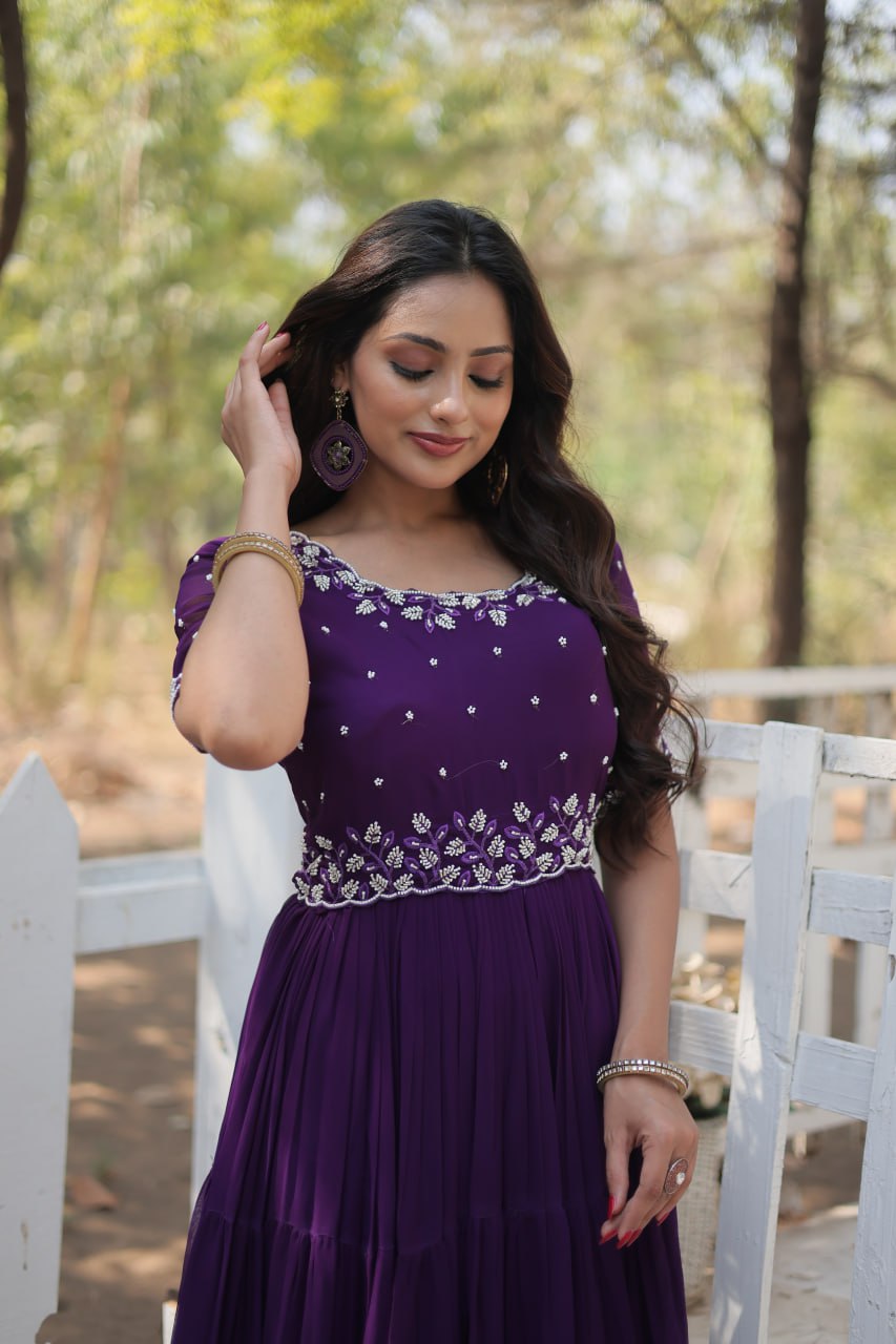 Stylish Faux Georgette Beads Embroidered Designer Gown - INDIAN ELEGANCE