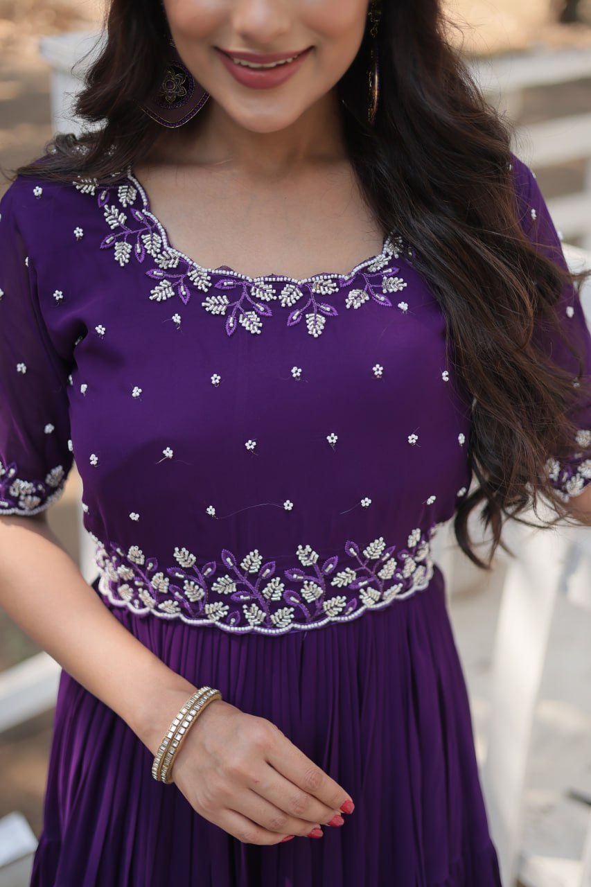 Stylish Faux Georgette Beads Embroidered Designer Gown - INDIAN ELEGANCE