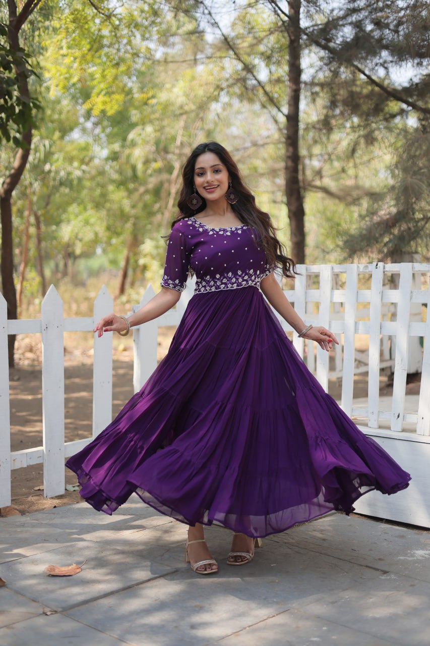Stylish Faux Georgette Beads Embroidered Designer Gown - INDIAN ELEGANCE