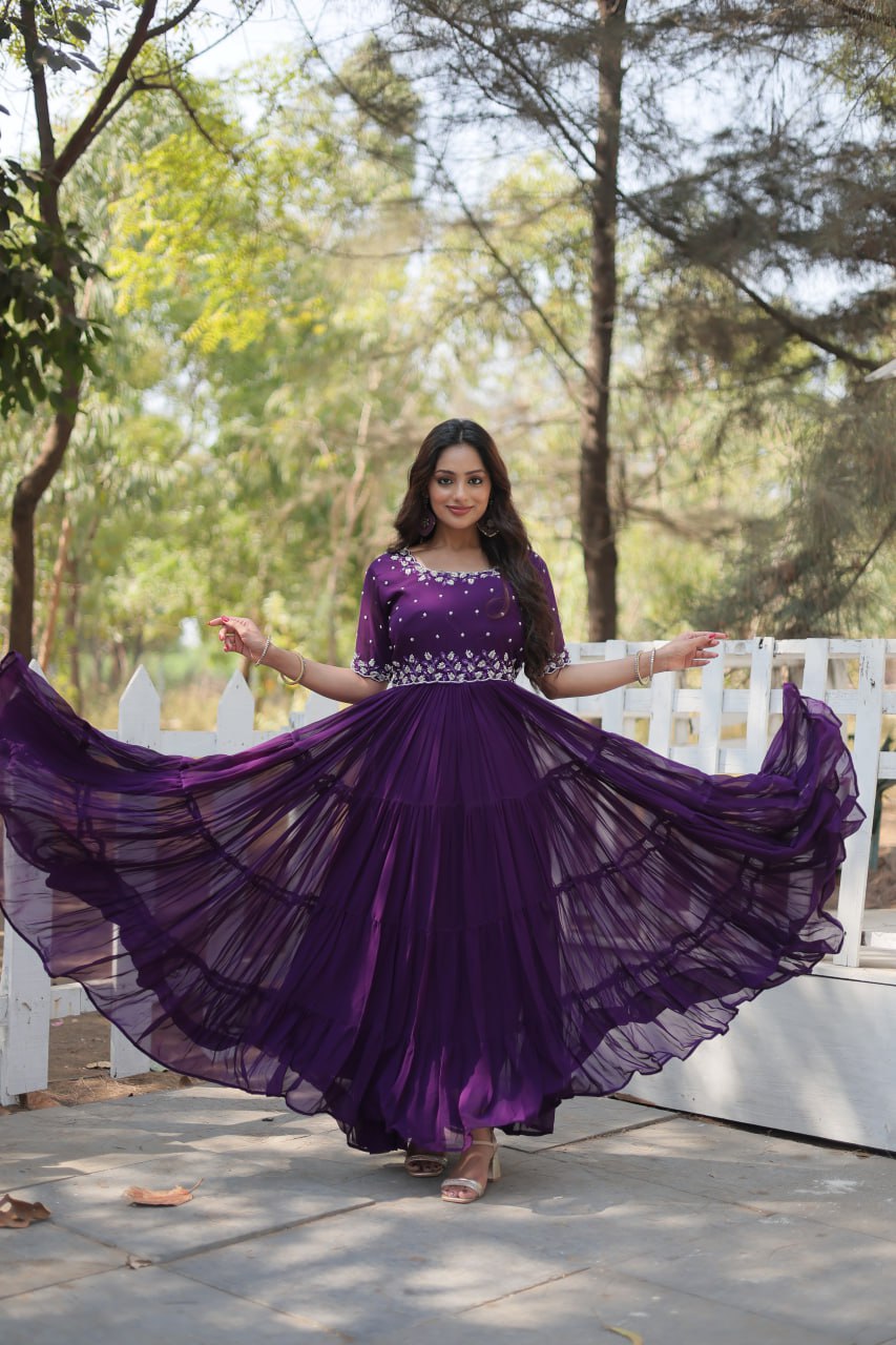 Stylish Faux Georgette Beads Embroidered Designer Gown - INDIAN ELEGANCE