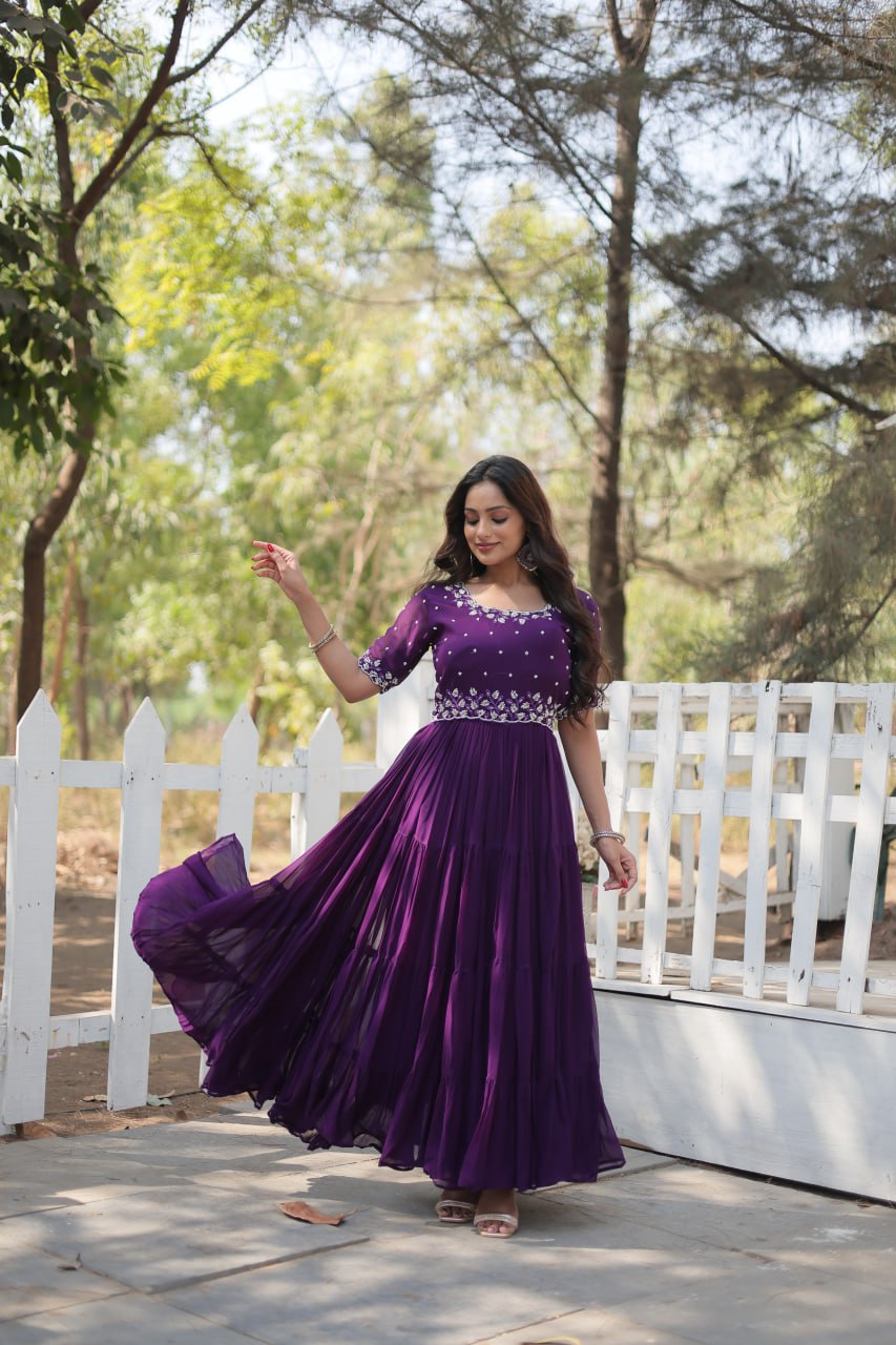 Stylish Faux Georgette Beads Embroidered Designer Gown - INDIAN ELEGANCE