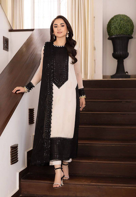 Designer White & Black Crepe Embroidered Thread & Sequins Work Salwar Kameez Suit Set for Women
