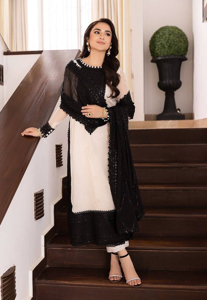 Designer White & Black Crepe Embroidered Thread & Sequins Work Salwar Kameez Suit Set for Women