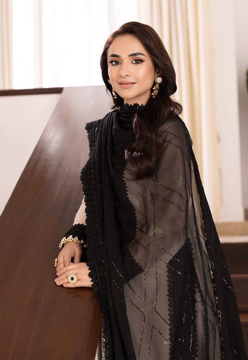 Designer White & Black Crepe Embroidered Thread & Sequins Work Salwar Kameez Suit Set for Women
