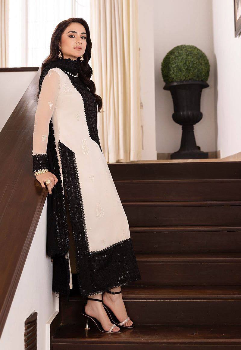 Designer White & Black Crepe Embroidered Thread & Sequins Work Salwar Kameez Suit Set for Women
