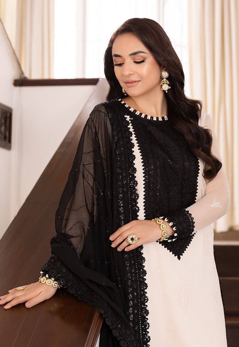 Designer White & Black Crepe Embroidered Thread & Sequins Work Salwar Kameez Suit Set for Women