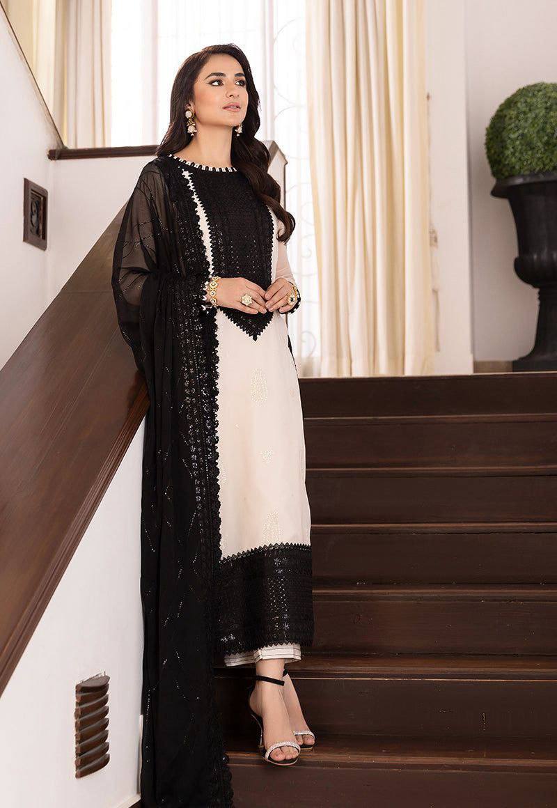 Designer White & Black Crepe Embroidered Thread & Sequins Work Salwar Kameez Suit Set for Women