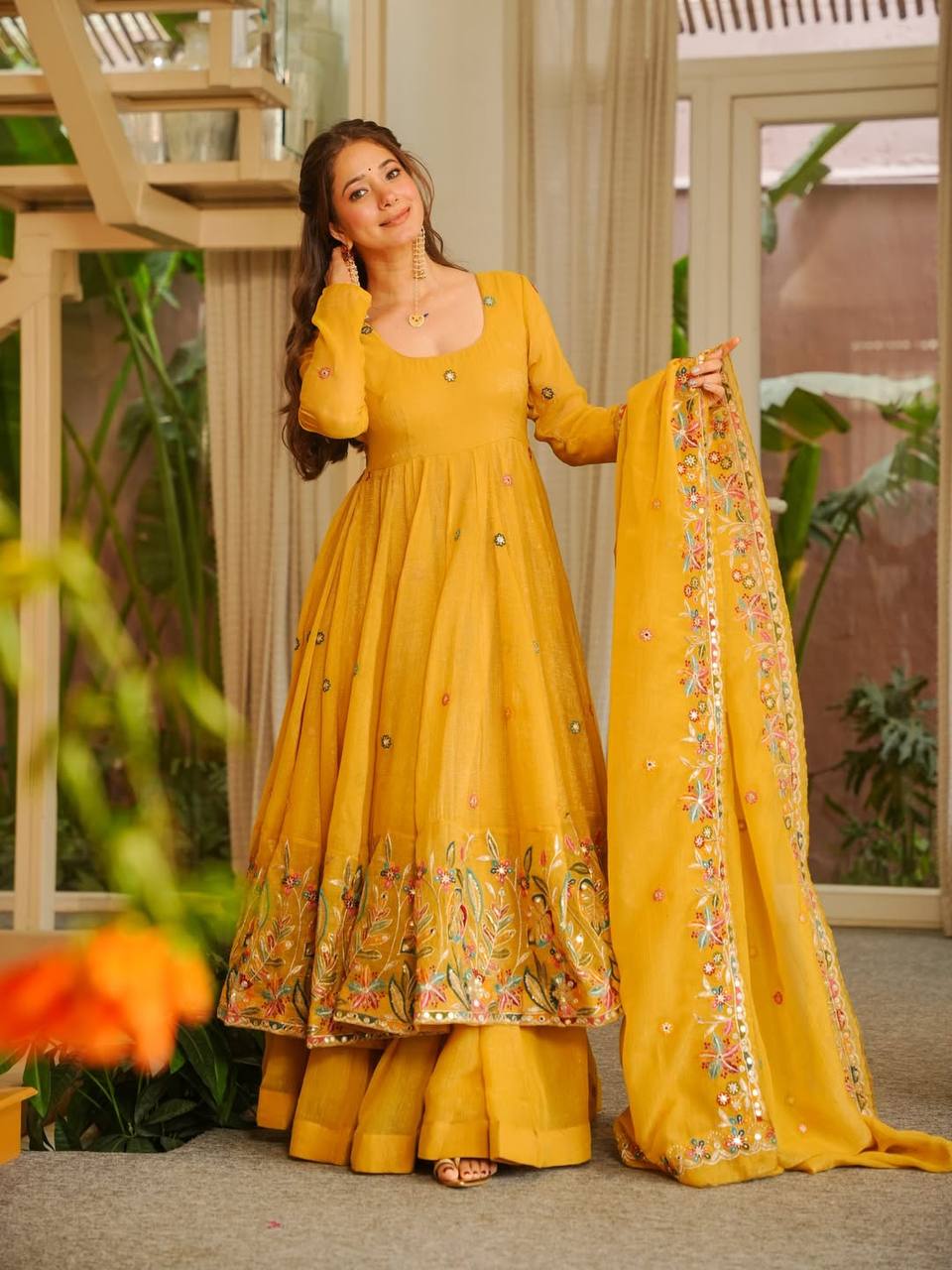 Mustard Yellow Anarkali sharara set with Dupatta – Heavy Crepe Embroidered Party Wear Suit for Women | Sangeet, Wedding, Farewell, Festive Wear 2026