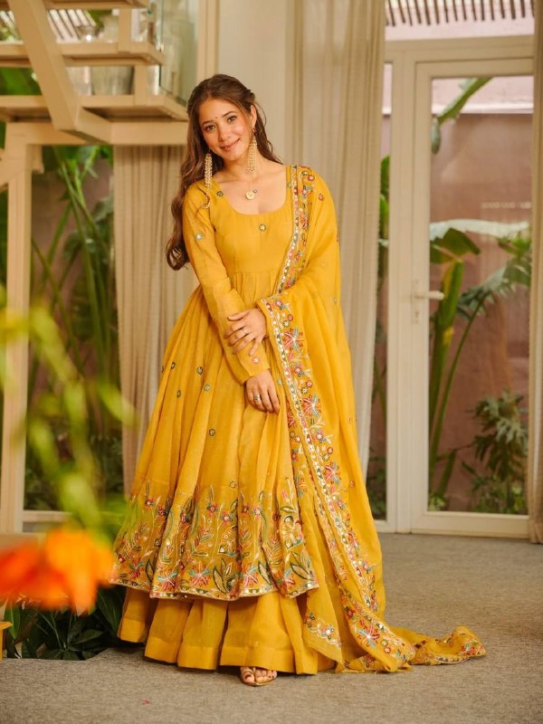 Mustard Yellow Anarkali sharara set with Dupatta – Heavy Crepe Embroidered Party Wear Suit for Women | Sangeet, Wedding, Farewell, Festive Wear 2026