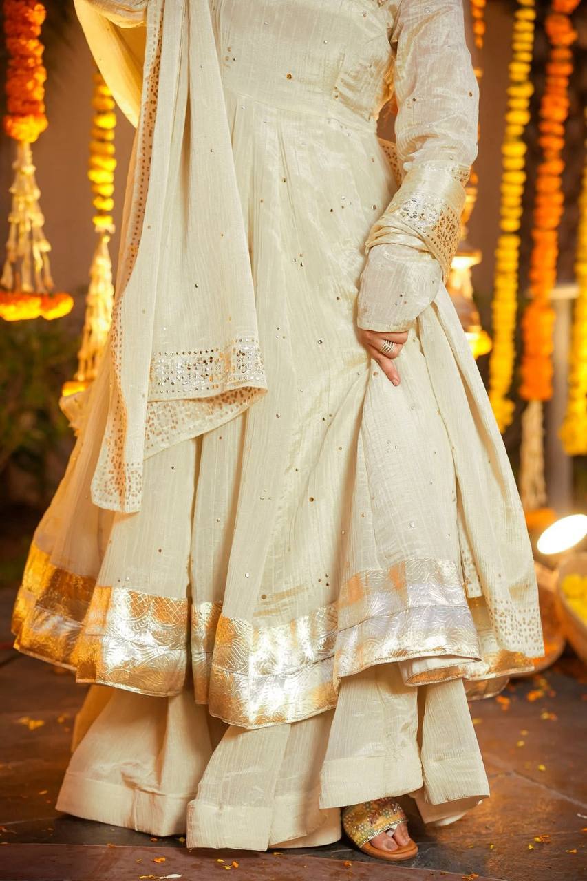Wedding & Sangeet Wear Ivory Heavy Chinnon Silk Gown sharara Set with Mukesh Work Dupatta