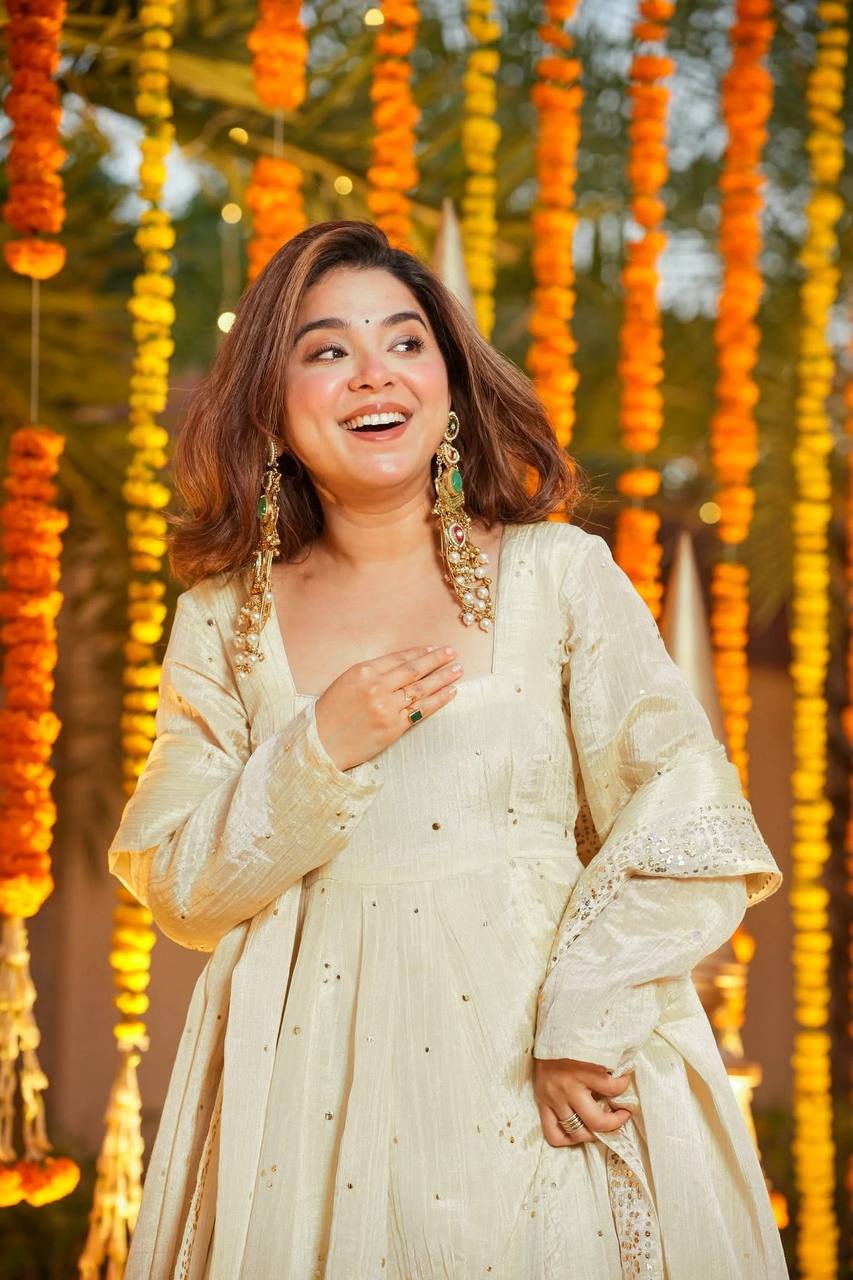 Wedding & Sangeet Wear Ivory Heavy Chinnon Silk Gown sharara Set with Mukesh Work Dupatta