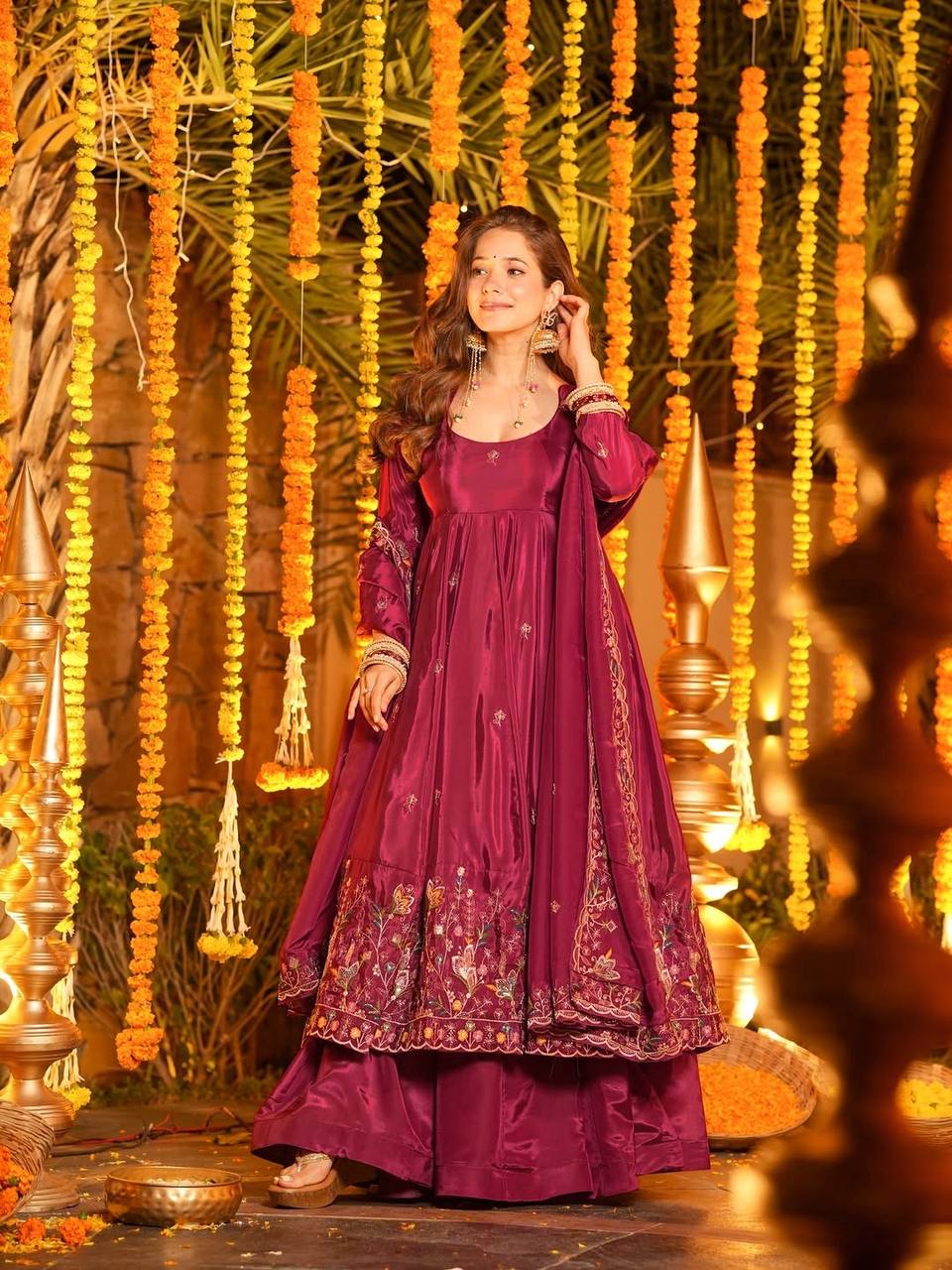 Wedding Wear Wine Maroon Embroidered Crepe Silk Anarkali sharara set with  & Dupatta