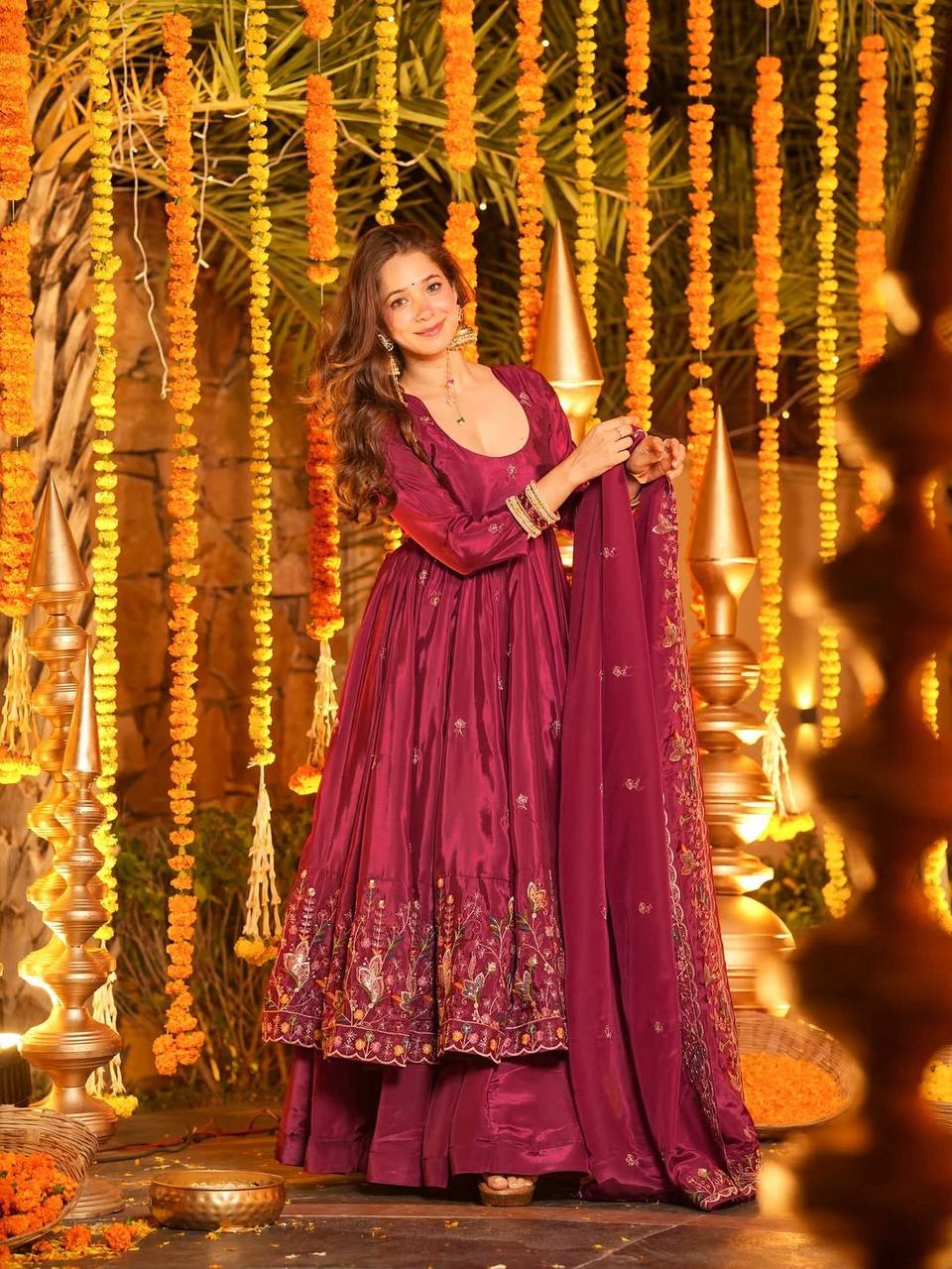Wedding Wear Wine Maroon Embroidered Crepe Silk Anarkali sharara set with  & Dupatta