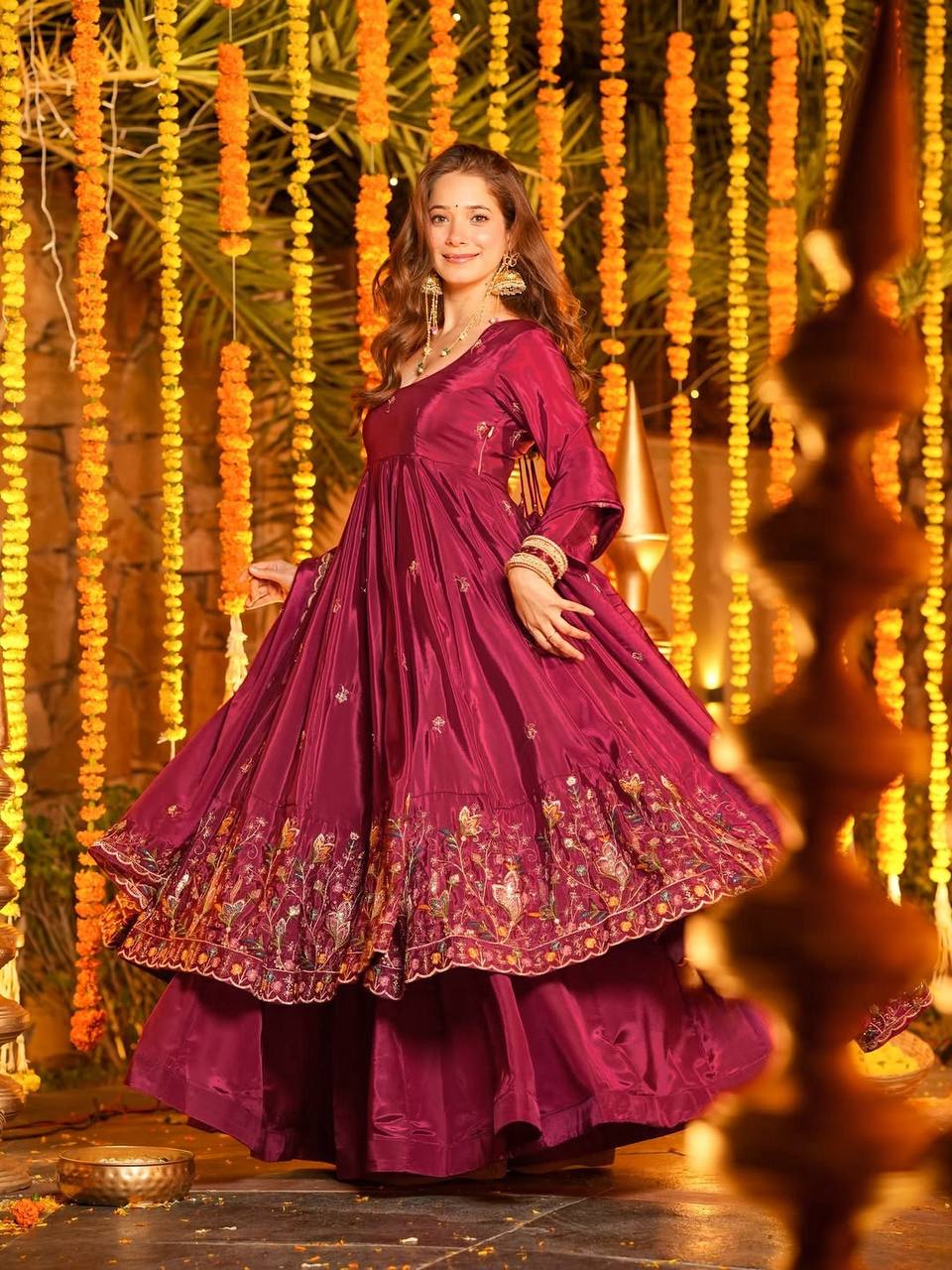Wedding Wear Wine Maroon Embroidered Crepe Silk Anarkali sharara set with  & Dupatta