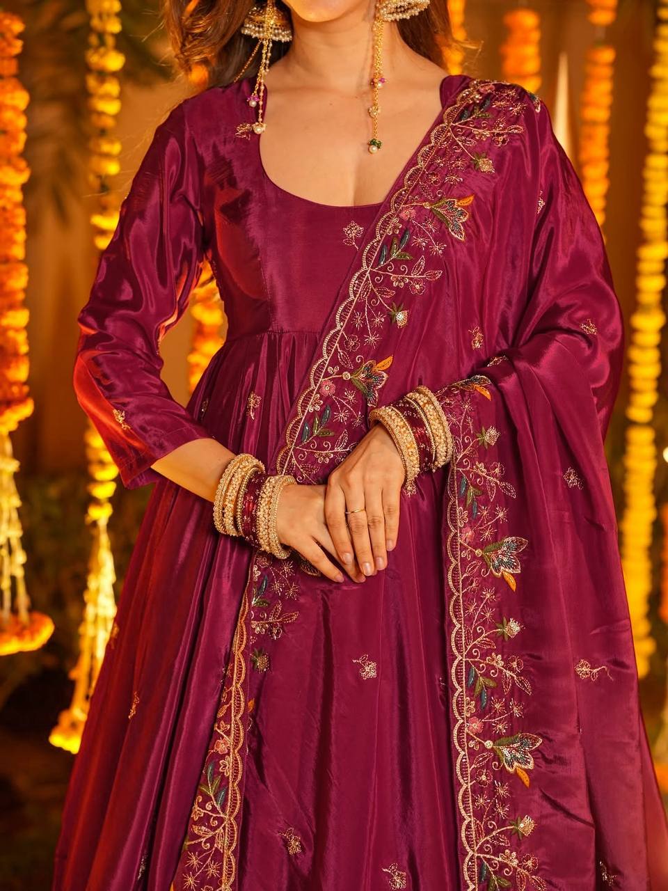 Wedding Wear Wine Maroon Embroidered Crepe Silk Anarkali sharara set with  & Dupatta