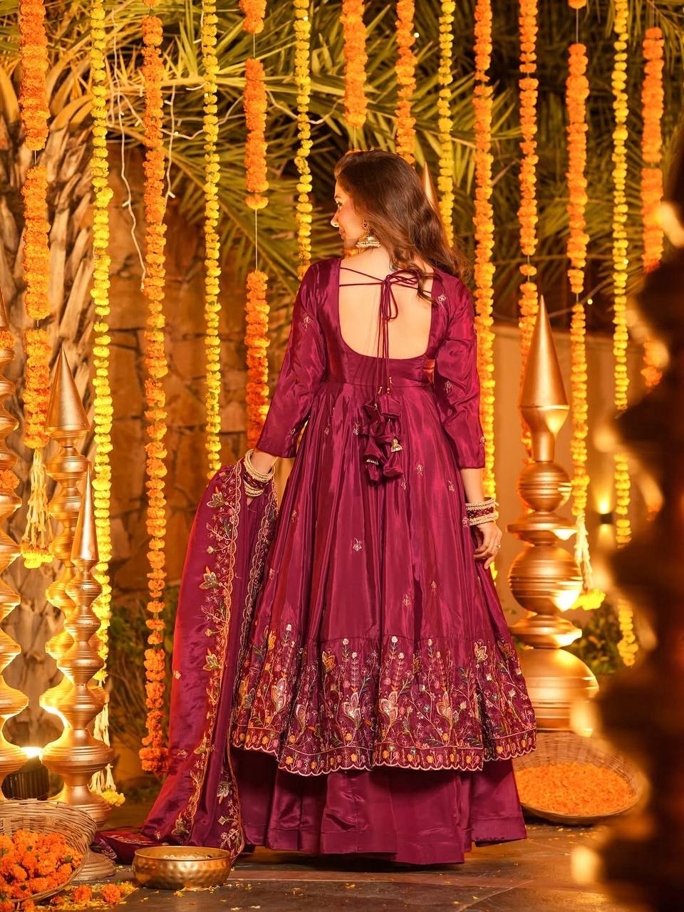 Wedding Wear Wine Maroon Embroidered Crepe Silk Anarkali sharara set with  & Dupatta