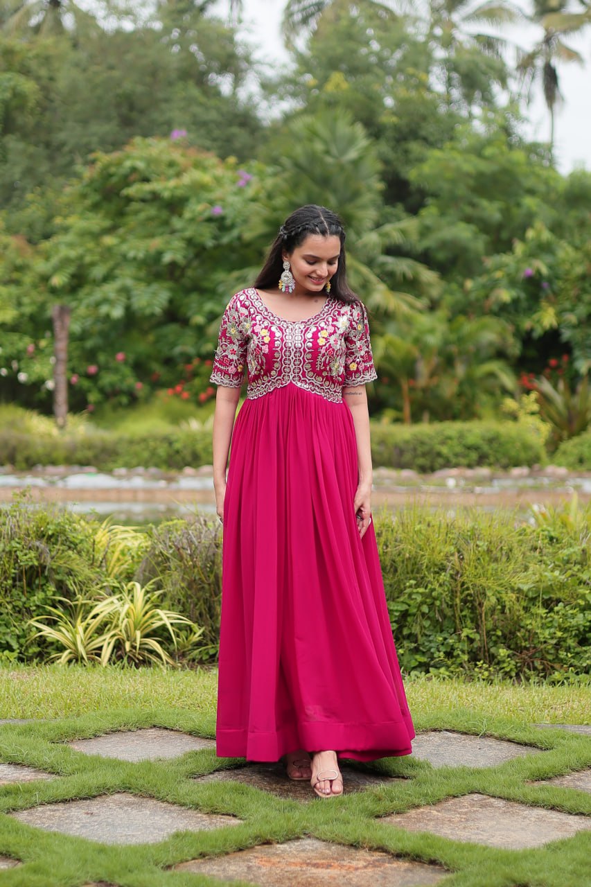 Winsome Faux Georgette Zari Sequins Worked Designer Gown - INDIAN ELEGANCE