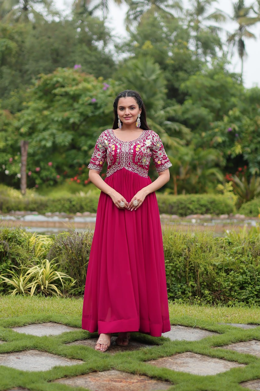 Winsome Faux Georgette Zari Sequins Worked Designer Gown - INDIAN ELEGANCE