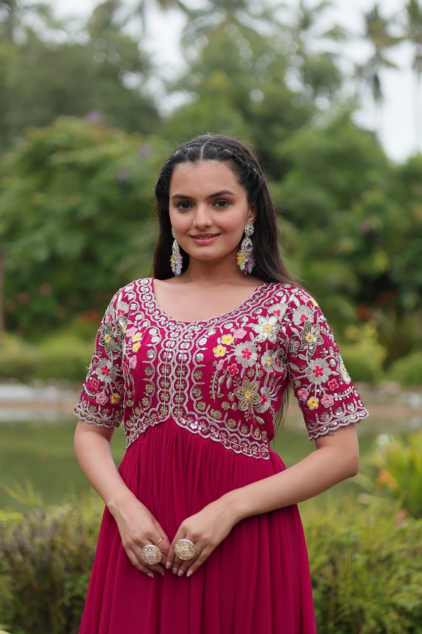 Winsome Faux Georgette Zari Sequins Worked Designer Gown - INDIAN ELEGANCE