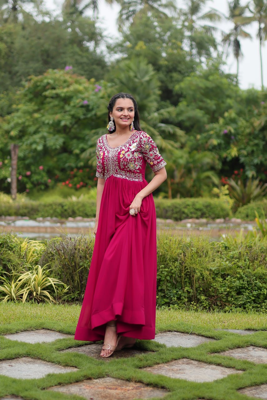 Winsome Faux Georgette Zari Sequins Worked Designer Gown - INDIAN ELEGANCE
