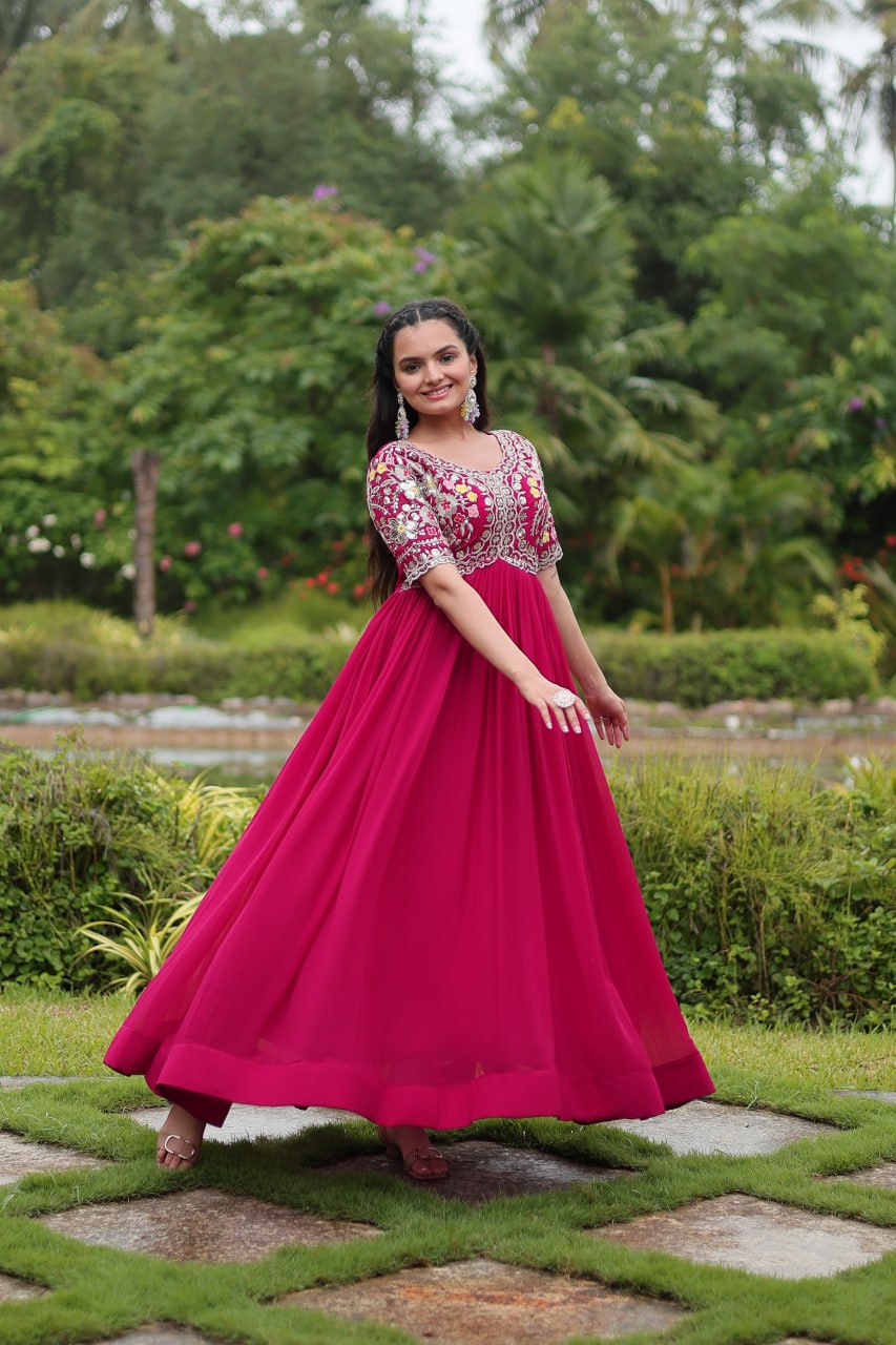 Winsome Faux Georgette Zari Sequins Worked Designer Gown - INDIAN ELEGANCE