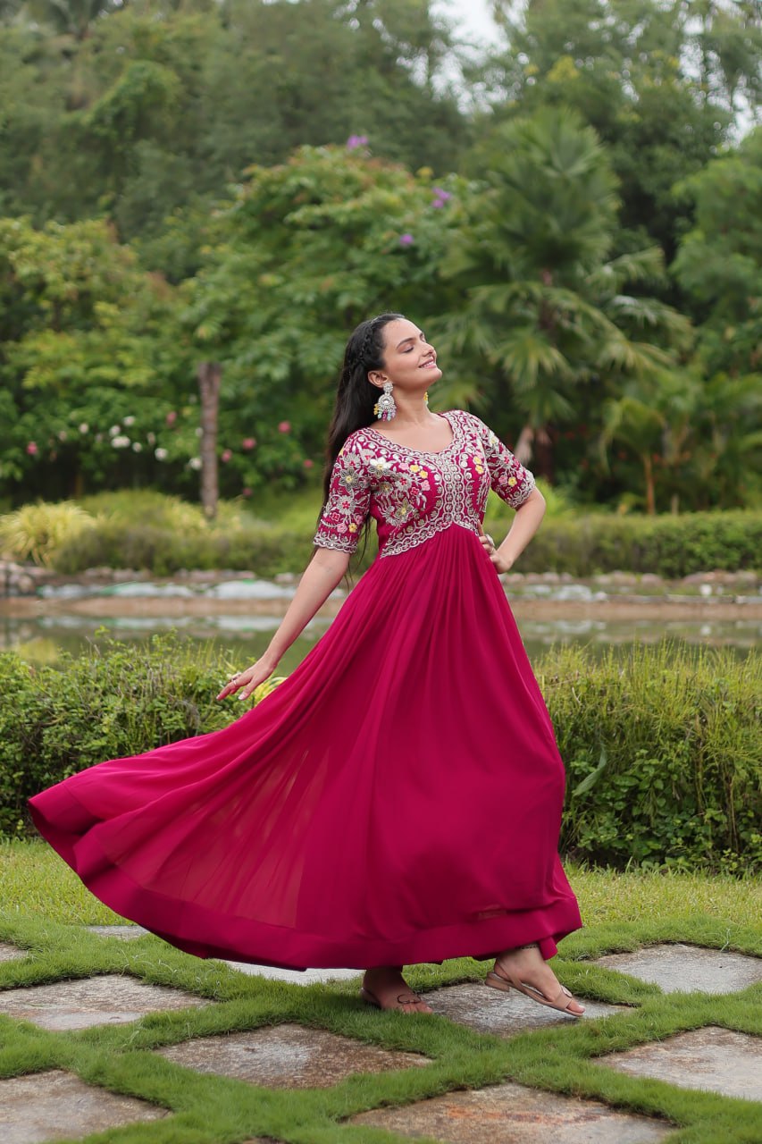 Winsome Faux Georgette Zari Sequins Worked Designer Gown - INDIAN ELEGANCE