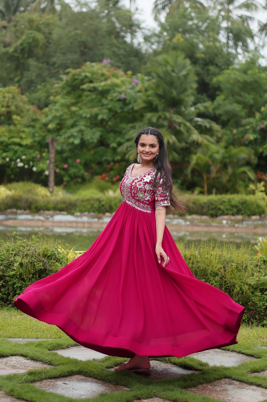 Winsome Faux Georgette Zari Sequins Worked Designer Gown - INDIAN ELEGANCE