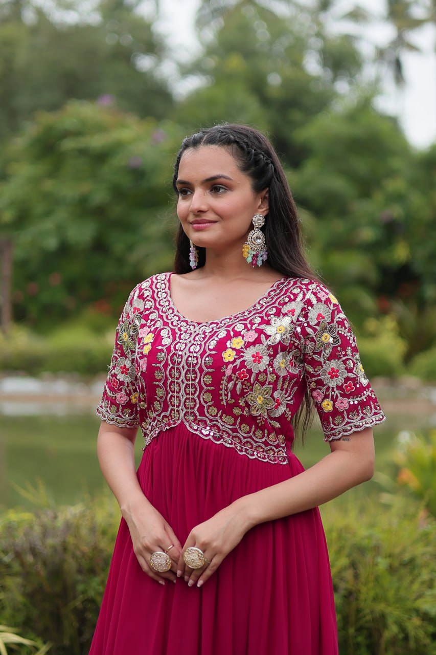 Winsome Faux Georgette Zari Sequins Worked Designer Gown - INDIAN ELEGANCE