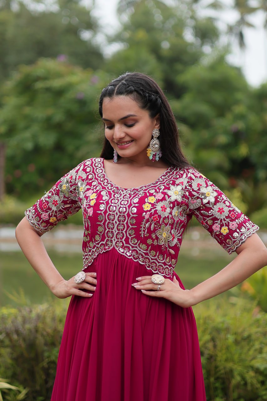 Winsome Faux Georgette Zari Sequins Worked Designer Gown - INDIAN ELEGANCE