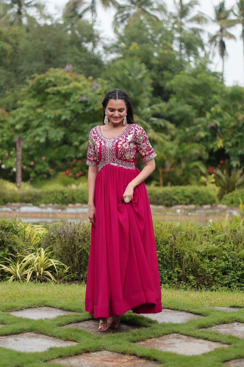 Winsome Faux Georgette Zari Sequins Worked Designer Gown - INDIAN ELEGANCE