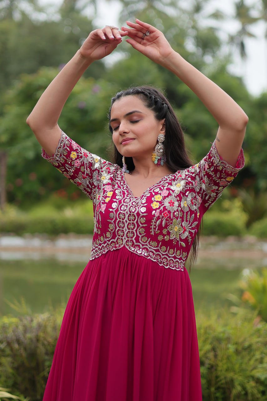 Winsome Faux Georgette Zari Sequins Worked Designer Gown - INDIAN ELEGANCE