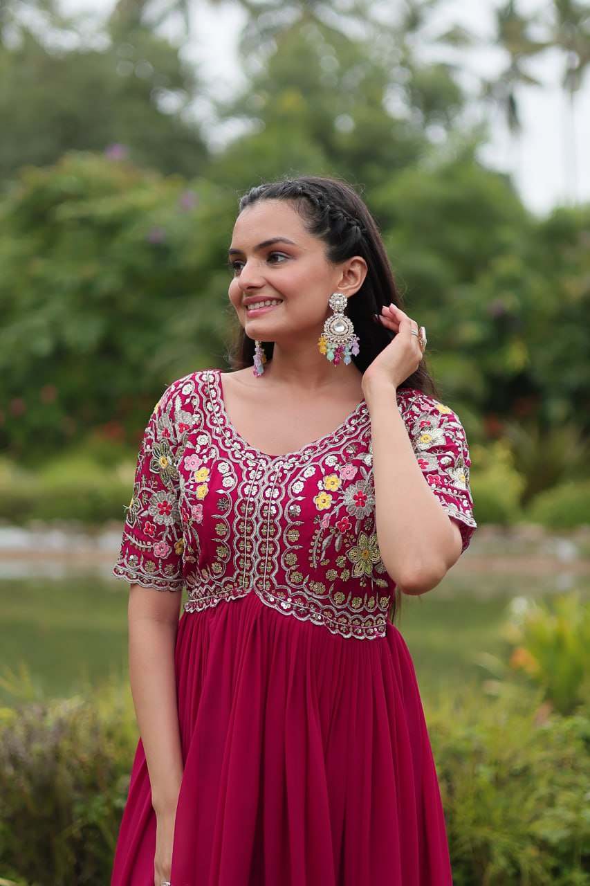 Winsome Faux Georgette Zari Sequins Worked Designer Gown - INDIAN ELEGANCE