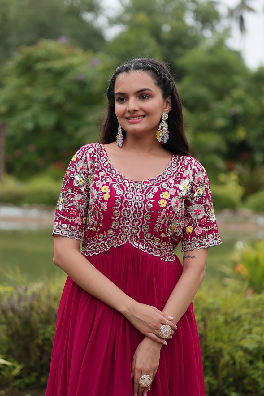 Winsome Faux Georgette Zari Sequins Worked Designer Gown - INDIAN ELEGANCE