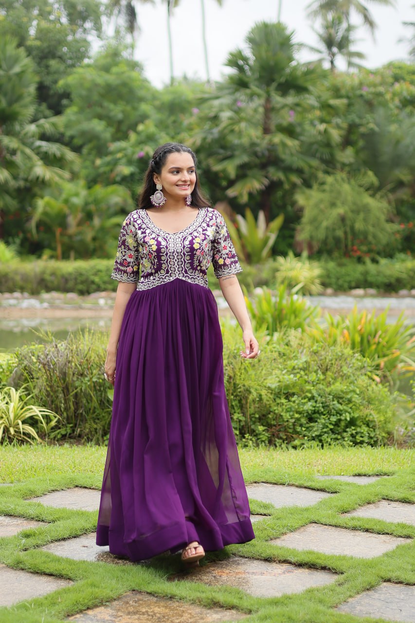 Winsome Faux Georgette Zari Sequins Worked Designer Gown - INDIAN ELEGANCE