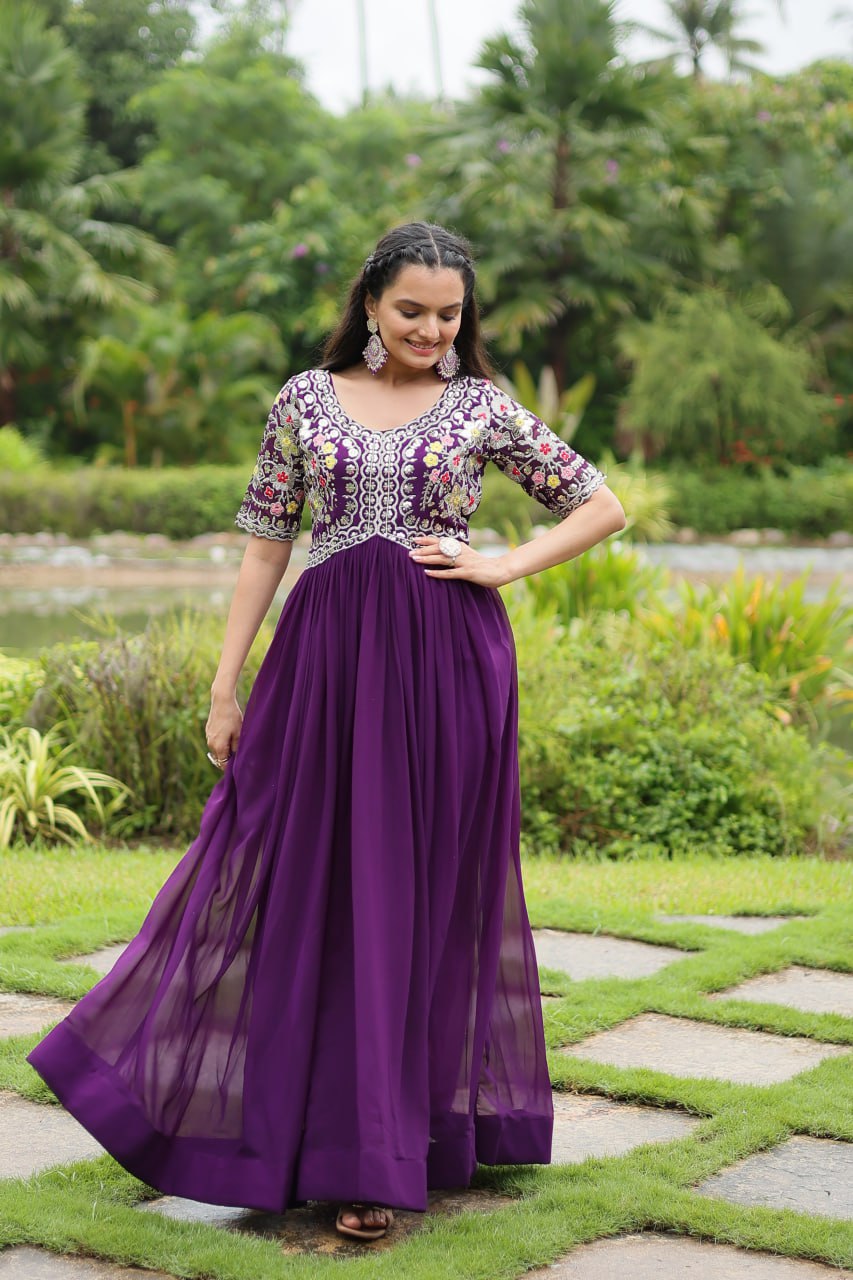 Winsome Faux Georgette Zari Sequins Worked Designer Gown - INDIAN ELEGANCE