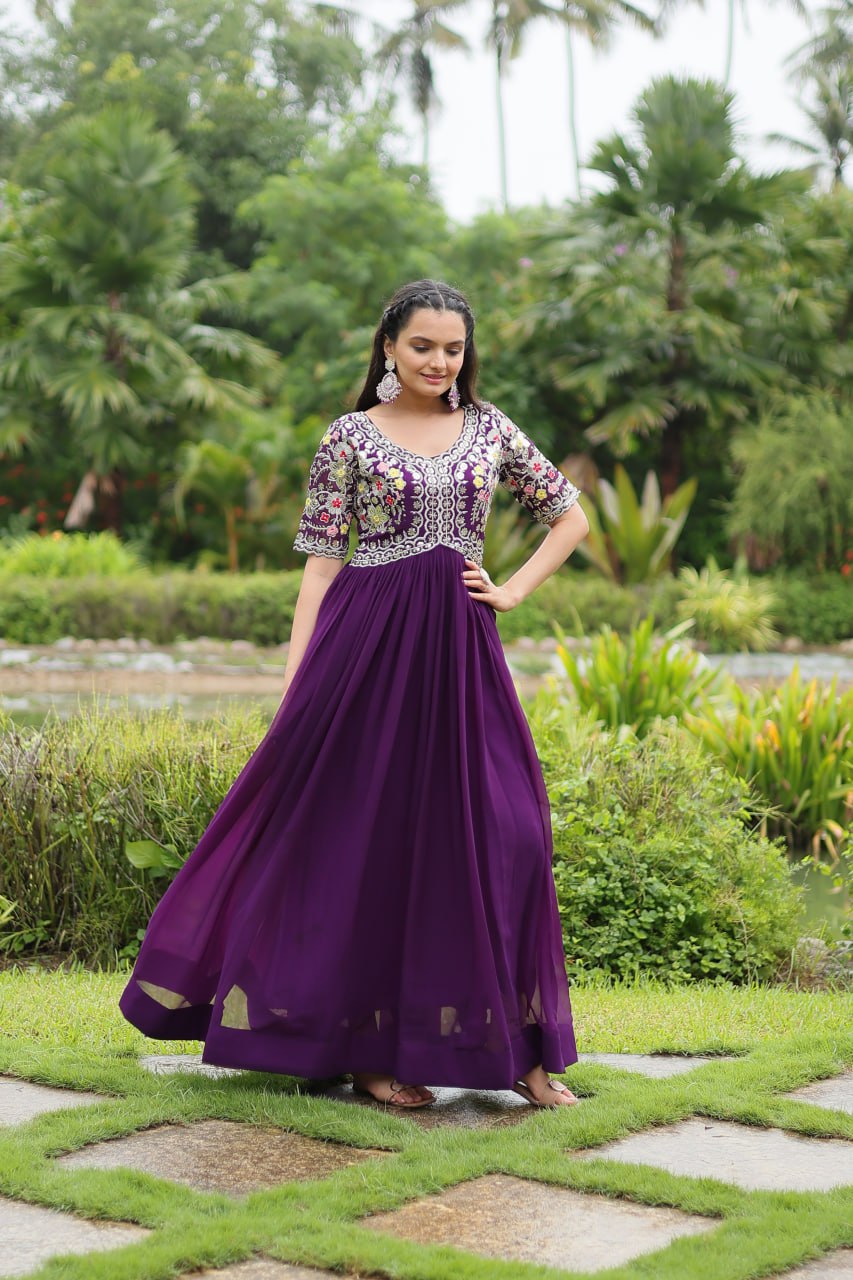 Winsome Faux Georgette Zari Sequins Worked Designer Gown - INDIAN ELEGANCE