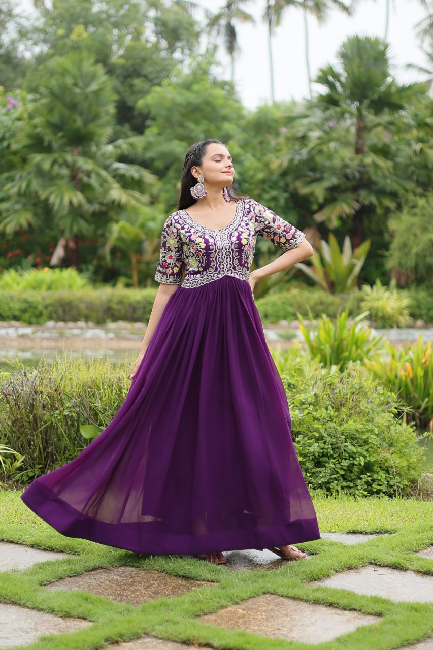 Winsome Faux Georgette Zari Sequins Worked Designer Gown - INDIAN ELEGANCE