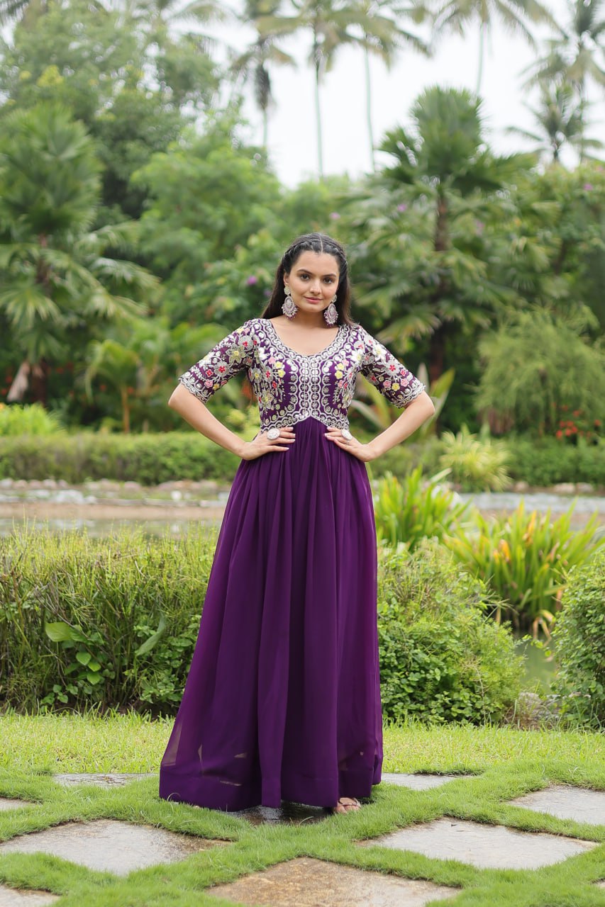 Winsome Faux Georgette Zari Sequins Worked Designer Gown - INDIAN ELEGANCE