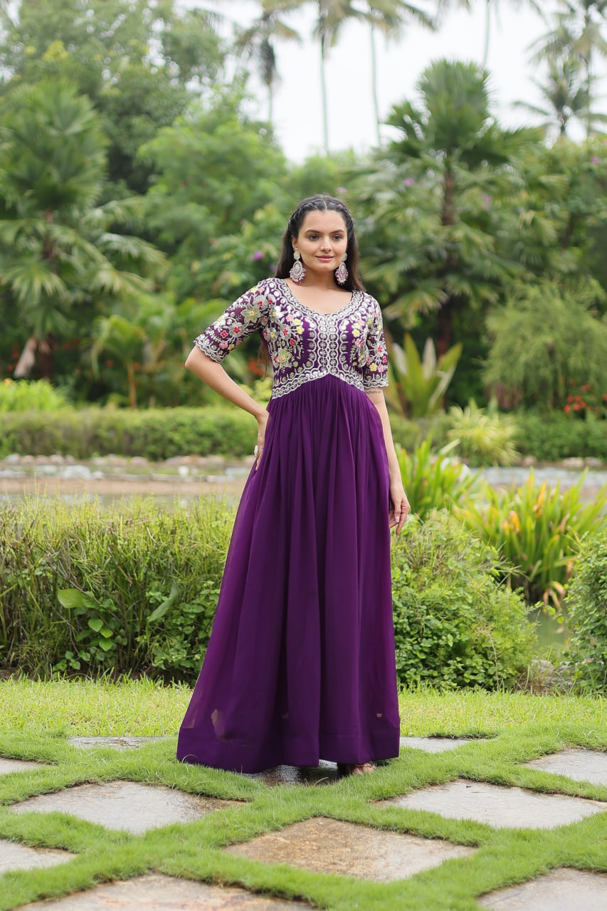 Winsome Faux Georgette Zari Sequins Worked Designer Gown - INDIAN ELEGANCE