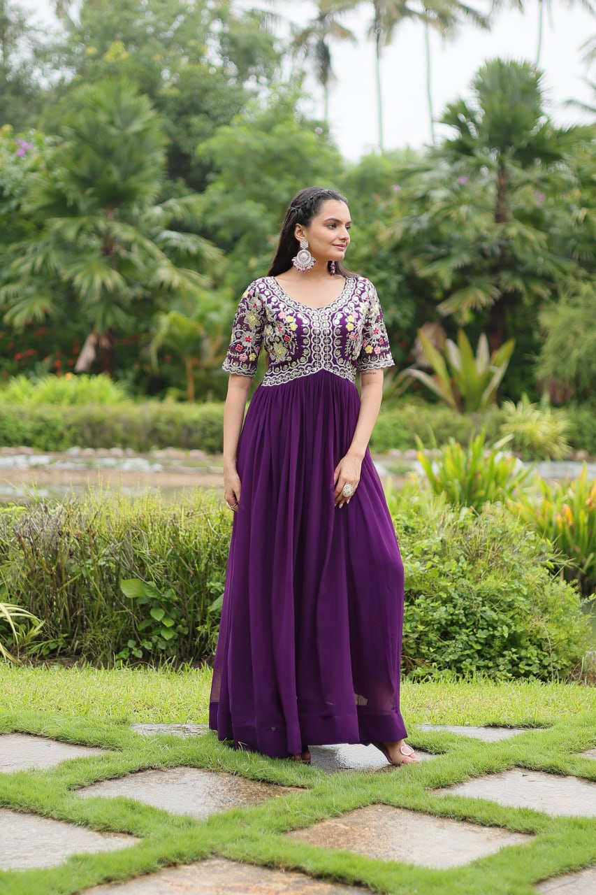Winsome Faux Georgette Zari Sequins Worked Designer Gown - INDIAN ELEGANCE
